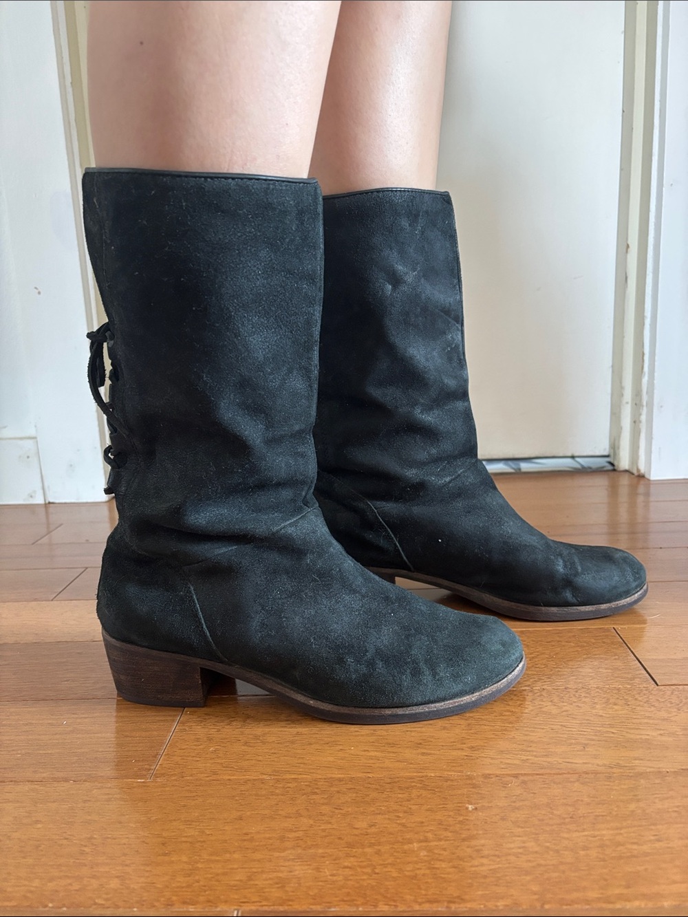 UGG Black Suede Tie-Back Heeled Boots